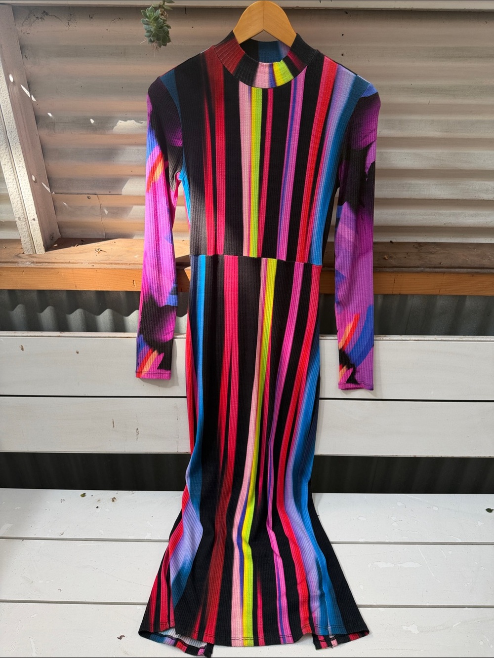 Desigual Long-Sleeve Vertical Stripe Knit Dress in Black, Pink & Blue